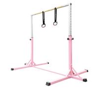 Kids Gymnastics Bar Horizontal Bar with Gymnastic Rings 13 Height Adjustable,Junior Training Kip Bar Gymnastics Equipment for Home Gym, Indoor Outdoor Use,Pink