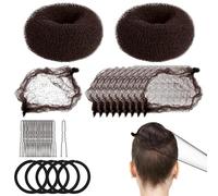 Kids Hair Bun Maker Kit, 2 Mini Donut Bun Shapers, 10 Invisible Hair Nets, 20 Bobby Pins, 5 Hairs Bands for Girls Ballet Dance Party (Brown)