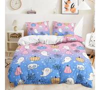 Kids Halloween Bedding Set Double Size Galaxy Pink Blue Duvet Cover Set White Ghost Cute Pumpkin Pattern Cartoon Girls Bedding Sets