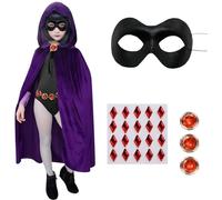 Kids Halloween Costume, Purple Hooded Cape with Adjustable Red Gemstone Waist Chain Mask, Raven Costume for Kids Halloween Raven Cosplay Outfit