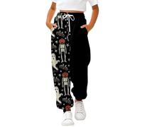 Kids Halloween Joggers with Pockets Pumpkin Bat Ghost Skeleton Pattern Drawstring Ruffle Elasticated High Waist Sweatpants Fashion Casual Loose Leg Long Trousers, Autumn Gym Lounge Pants Black