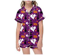 Kids Halloween PJS Sets Unisex Pyjamas Skeleton Pumpkin Sleepwear Toddler Long Sleeve Ghost Print Pants Nightwear Outfits Cotton Dark Purple