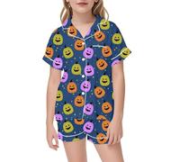 Kids Halloween Pyjamas Set Girls Boys Short Sleeve Satin Silk PJs Sets Two Pieces Button-Down Silky Nightwear Children Sleepwear Age 2-13