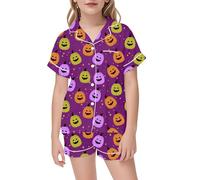 Kids Halloween Pyjamas Set Girls Boys Short Sleeve Satin Silk PJs Sets Two Pieces Button-Down Silky Nightwear Children Sleepwear Age 2-13