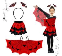 Kids Halloween Wings Costume,Kids Bat Costume,Skeleton Fancy Dress,Purple Spider Web Cape and Headband,Bat Wings Cape Shawl Fancy Dress Set,For Halloween Carnival Dress up Party Cosplay (Red)