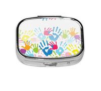 Kids Hand Print Print Square Metal Pill Box Decorative Pill Case - Carry Your Meds in Style (Rectangular)