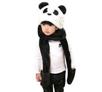 Kids Hat Scarf Gloves Set Boys Girls 3-in-1 Cute Panda Winter Warm Plush Faux Fur Head Trapper Hooded Neck Warmer Windproof Earmuffs Snood Gloves Mittens Earflap Hat Long Scarf for Age 5-9 Children