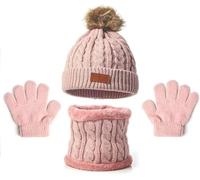 kids Hat Scarf Gloves Set, Knit Thick Warm Three-Piece Sets, Thermal Knitted Beanie Hat Snood Neck Warmer Mitten, Winter Warm Set Essential for Children （Dark Pink）