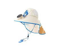 Kids Hat with Fans Solar Power, Sun Protection Cap with Mesh Panels and Chin Strap Foldable Beach Fans Cartoon Hats for Children 3-12, for Travel Outdoor Sports (Beige)