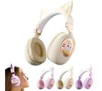 Kids Headphones Cat Ear - Foldable Bluetooth 5.3 Over-Ear Noise Cancelling Headphones with Microphone LED Lights, 85 dB Volume Limit, Wireless & 3.5 mm Wired, for iPad/Tablet/Smartphone (Almond)