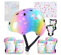 Kids Helmet and Pads Set Unicorn Knee Pads and Elbow Pads Set with Stickers Adjustable Protective Gear Set for Girls Age 3-8 Years fit Bicycle,Skateboarding,Scooter, Rainbow