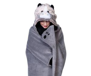 Kids Hooded Blanket & Mittens One Size Plush Animal Wearable Throw - Cat