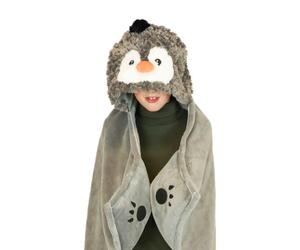Kids Hooded Blanket & Mittens One Size Plush Animal Wearable Throw - Penguin