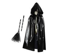 Kids Hooded Cloak Witch Broom Set Halloween Costume Cape Broomstick Children Medieval Gothic Cloak Witch Wizard Vampire Death Cape Fancy Dress Cosplay Party Accessory Props for Boys Girls Age 3-8