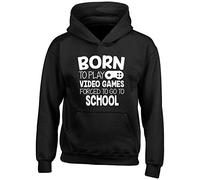Kids Hoodie Born to Play Video Games Forced to go to School Childrens Hooded Top Hoodie Black