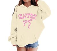 Kids Hoodie Girls Long Sleeve Lightweight Hoodies Bow Knot Print Hooded Pullover Teenage Girls Casual Fashion Round Neck Sweatshirt Jumper Top with Pockets Clothes Outfit Age 2-13 (Beige, 5-6 Years)