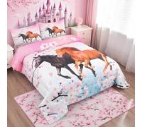 Kids Horse Bedding Set Chic Cherry Blossom Bedding Duvet for Girls Teens Galloping Horse Printed Comforter 3D Wild Animal Duvet Set Bedroom Decor Quilt Set Single Size