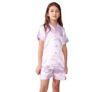 Kid's ilk Pyjamas 2 Piece Girls Boys Satin Pyjamas Set Button-Down js Sets Soft Short Sleeve ounge Sleepwear Solid Pajamas Sleepsuit Teens Silky Nightwear for Children (PP1, 11-12 Years)
