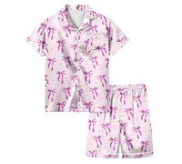 Kids Imitation Silk Pyjamas Girls' Bow Knot Printed Pajamas Girls Boys Short Sleeve Satin PJs Sets Button-Down Silky Nightwear Children Sleepwear Teens Age 3-13 (Light Purple-1, 4-5 Years)