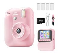 Kids Instant Print Camera, JiHiGe Digital Camera for Kids,2.4 inch HD Mini Screen with Printing Paper and 64GB Memory Card, 1080P Digital Resolution Children's Camera (Pink)