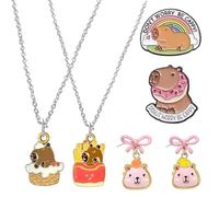 Kids Jewellery Sets for Girls, 6 Pcs Capybara Pin Badges, Bracelet and Necklace, Cartoon Animal Girls Jewellery, Jewelry Party Favors Gift, Brooch Bracelet Necklace for Kids