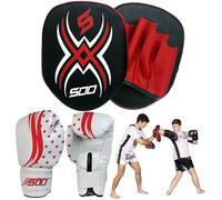 Kids Junior Focus Pads Set Hook & Jabs Pads Coaching Pad Pro Boxing Mitts Sparing Gloves Punching MMA Karate Training Mitten Target Hand Striking Shield (Red/White)
