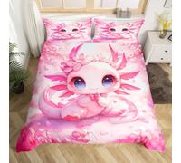 Kids Kawaii Axolotl Bedding Set Single Cartoon Sea Creature Comforter Cover Pink Cherry Blossoms Duvet Cover Wildlife Animals Reptile Bed Cover For Kids Girls Boys Bedroom Decor