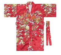 Kids Kimono Robe Traditional Japanese Kimono Girls Dressing Gowns Satin Bathrobes Dress Geisha Yukata Dress Floral Girl's Yukata Robes Japanese Robe Dresses Halloween Carnival (X3-Red, 10-11 Years)