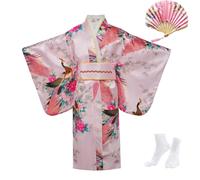Kids Kimono Set Peacock Pattern - Japanese Style Girl Fancy Dress with Accessories, Satin Cosplay Costume & Themed Party Outfit for Halloween, Festival, School Play, Performance & Photoshoot,Pink,140