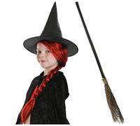 Kids Kind Witch Costume - Black Witch Hat, Auburn Plait Wig, 3-Piece Broom Stick - Childs Book Week World Book Day Fancy Dress Costume