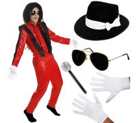 Kids King of Pop Costume - Medium - Red & Black Jacket & Trousers, Black Fedora Hat, Sunglasses, Gloves, Microphone - Boys Girls 80s Music Icon Halloween Fancy Dress Costume