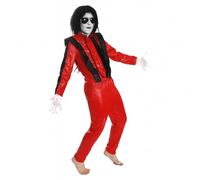 Kids King of Pop Costume - Medium - Red & Black Leather-Look Jacket and Matching Trousers, Facepaint and Fake Blood - Boys Girls 80s Pop Music Icon Spooky Halloween Fancy Dress Costume