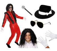 Kids King of Pop Costume - Red & Black et & Trousers, Relaxed Afro Wig, Black Fedora Hat, Sunglasses, Gloves, Microphone - Boys Girls 80s Music Icon Halloween Fancy Dress Costume