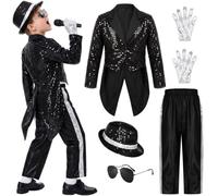 Kids King of Pop Costume - Red Sequin Tailcoat with Black Curly Wig, Fedora Hat, Aviator Sunglasses and Sequin Glove - Boys Girls Childrens 80s Pop Star Fancy Dress (4-5 Years)