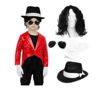 Kids King of Pop Costume - Small - Red Sequin Tailcoat with Black Curly Wig, Fedora, Aviator Sunglasses and Sequin Glove - Boys Girls Pop Star Fancy Dress