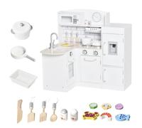 HOMCOM Kids Play Kitchen Wooden Toy Kitchen Cooking Set for Children White | Drinking Fountain, Microwave, Fridge