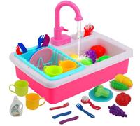 Kids Kitchen Play Sink Toy Set Pretend Role Play Kitchen Toys Kitchenware Toys Set with Running Water Cycle System,Plays Food and Cutting Plays for Boys Girls 3 4 5 6 7 Years Old(Pink)
