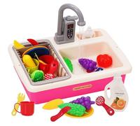 Kids Kitchen Play Sink Toy Set Pretend Role Plays Kitchen Toys Play Sinks with Running Water,PlayFood,Cutting Plays Dishwasher with Automatic Water Cycle System Pink