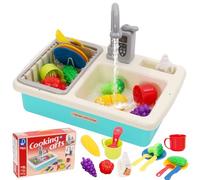Kids Kitchen Play Sink Toy Set Pretend Role Plays Kitchen Toys Play Sinks with Running Water,PlayFood,Cutting Plays Dishwasher with Automatic Water Cycle System Blue
