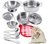 Kids Kitchen Pretend Play Toys Accessories with Stainless Steel Cookware Pots and Pans Set, Cooking Utensils, Apron & Chef Hat (Classic Edition with golden bag)