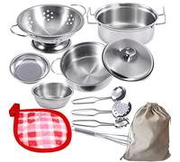 Kids Kitchen Pretend Play Toys Accessories with Stainless Steel Cookware Pots and Pans Set, Cooking Utensils, Apron & Chef Hat (Family Edition with velvet bag)