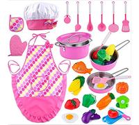 Kids Kitchen Pretend Play Toys, Kitchen Playset Cooking Toys Set with Stainless Steel Cooking Utensils, Cookware Pots and Pans Set, Cutting Vegetables, Knife and Apron for Kids Toddlers Girls Boys
