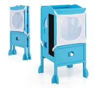 Kids Kitchen Step Stool with Safety Rail, Folding Wooden Step Helper w/Adjustable Height, Blackboard, Protective Netting, Stable Fixed Feet, Countertop Standing Tower for Toddlers (Blue)