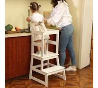 Kids Kitchen Step Stool with Safety Rail,Learning Tower for Toddlers, Kids Learning Stool, Solid Wood Construction,White
