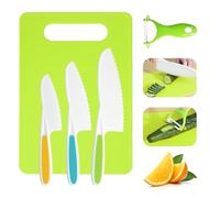 Kids Knife Set, 5 Pcs Montessori Kitchen Tools for Toddlers' Real Cooking for 3+, BPA Free Kids Safe Kitchen Cooking and Baking Set with Peeler, Cutting Board for Sandwich Bread Vegetable Fruit Gift