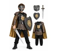 Kids Knight Costume, 7-Piece Medieval Armour Set with Sword and Shield | For Boys and Girls, Soft Fabric Costume, Helmet, 3 Scar Tattoo Sheets, Halloween Fancy Dress