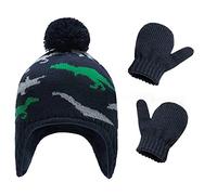 Kids Knitted Dinosaur Hat and Gloves Set 2-In-1 Winter Warm Knit Fleece Lined Earflap Pompom Beanie Hat Mitten Comb Cute Cartoon Ear Protection Hat Gloves for Girls Boys Age 3-5 Years Old