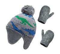 Kids Knitted Dinosaur Hat and Gloves Set 2-In-1 Winter Warm Knit Fleece Lined Earflap Pompom Beanie Hat Mitten Comb Cute Cartoon Ear Protection Hat Gloves for Girls Boys Age 3-5 Years Old