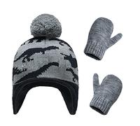 Kids Knitted Dinosaur Hat and Gloves Set 2-In-1 Winter Warm Knit Fleece Lined Earflap Pompom Beanie Hat Mitten Comb Cute Cartoon Ear Protection Hat Gloves for Girls Boys Age 3-5 Years Old