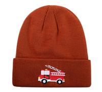 Kids Knitted Hat Cute Fire Engine Embroidery Warm Cuffs Skull Cap Classic Autumn Winter Hat for Boys Girls 3-8 Years, Dark Orange, 3-8 Years